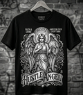 Black t-shirt with angel graphic and text on a brick wall background