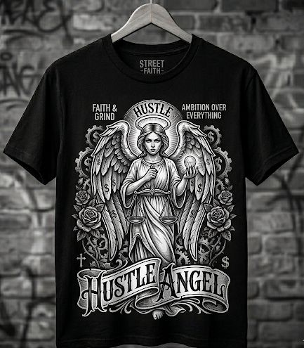 Black t-shirt with angel graphic and text on a brick wall background